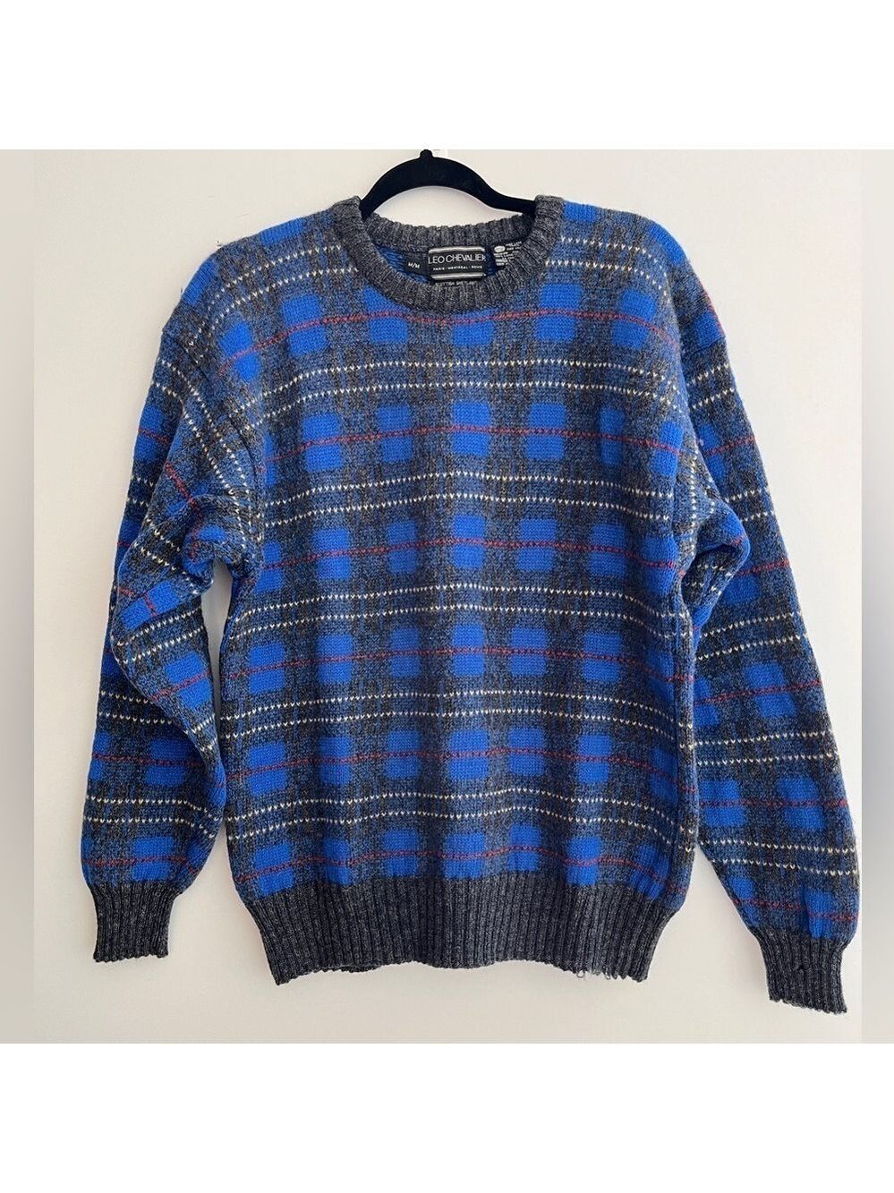 LEO CHEVALIER Vintage Wool Plaid Crew Neck Pullover Grandpa Sweater Unisex